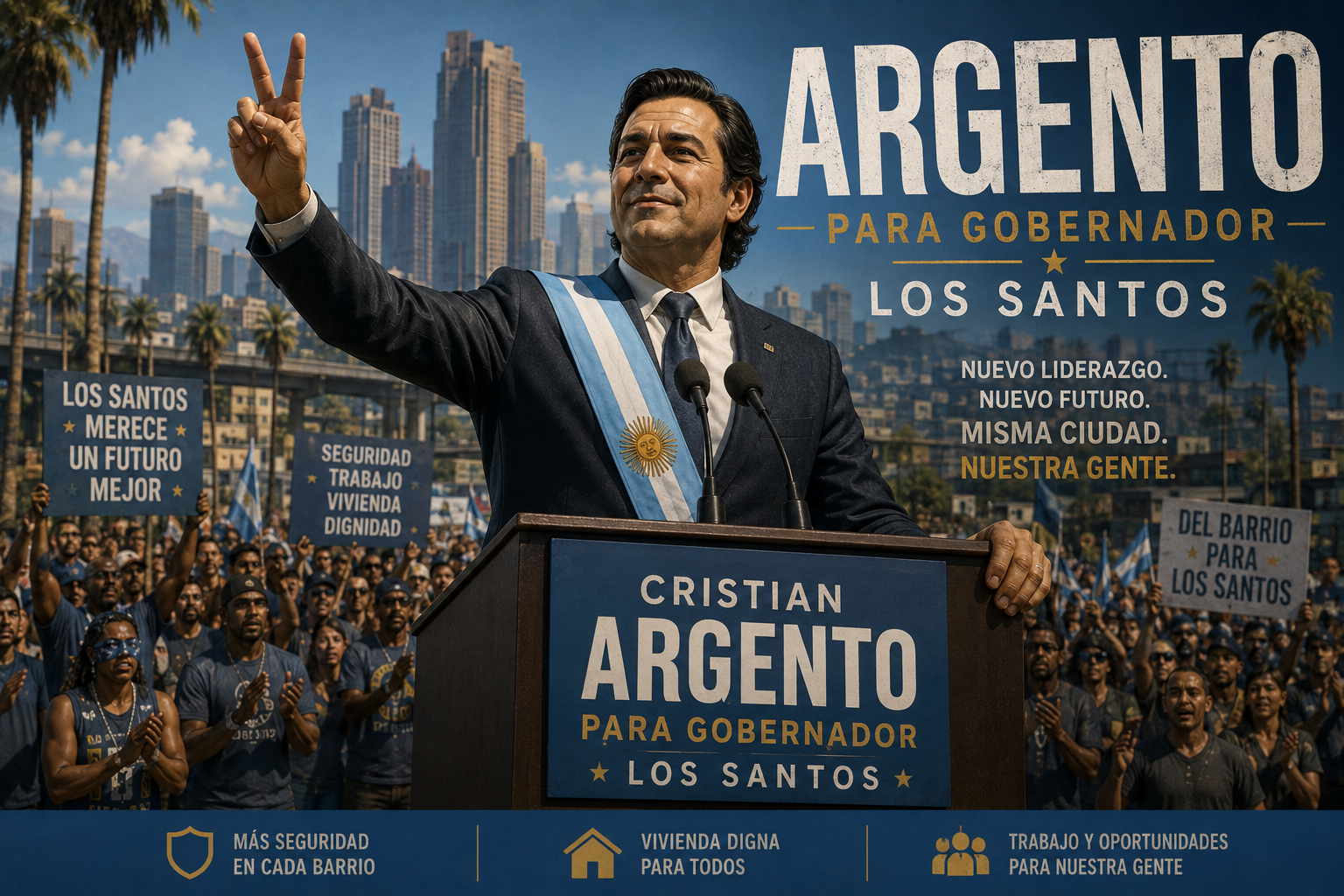 Argento en el anuncio de su candidatura a Gobernador de San Andreas.