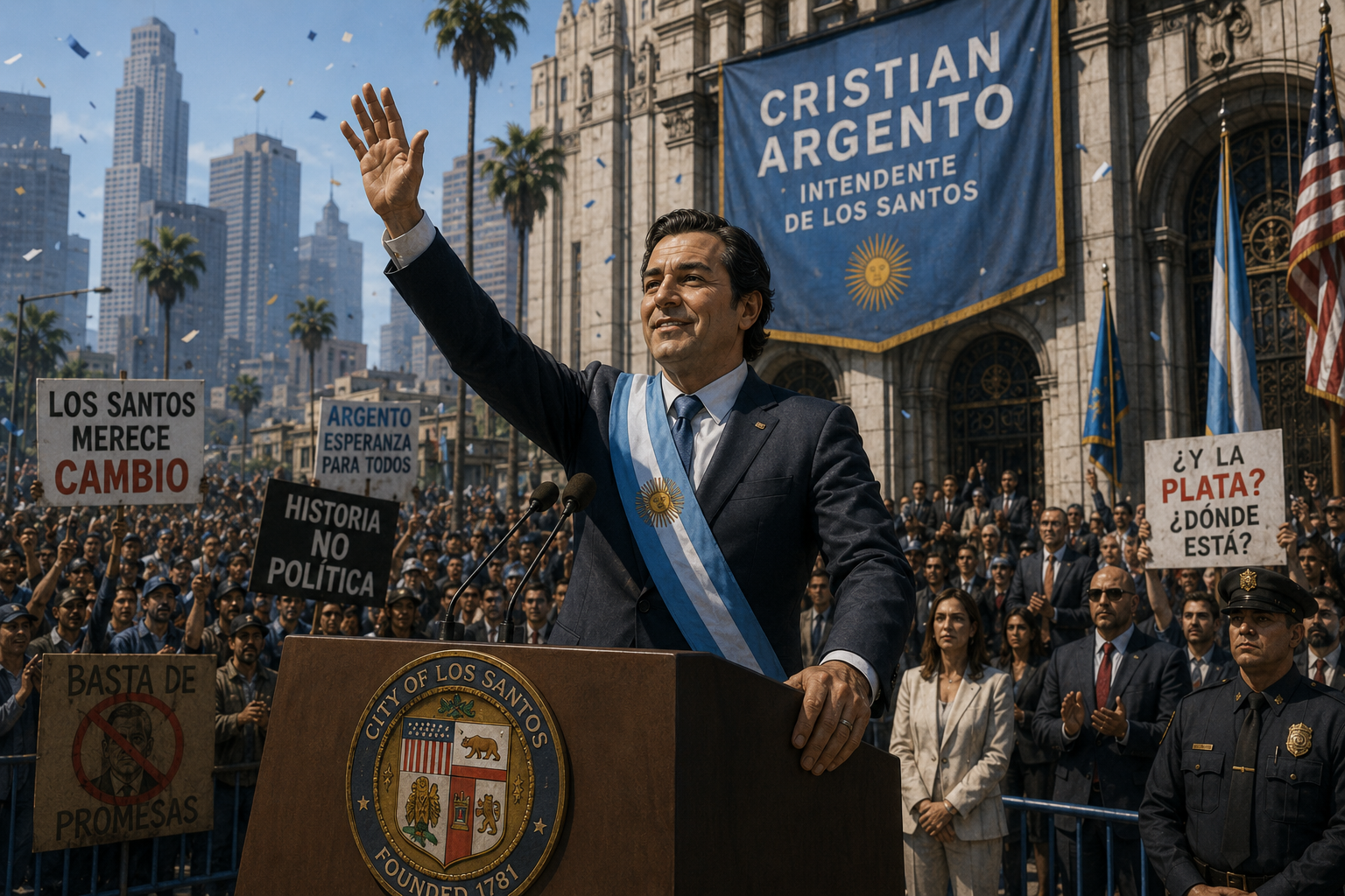 Cristian Argento jura como Intendente de Los Santos ante una multitud dividida frente al Ayuntamiento.