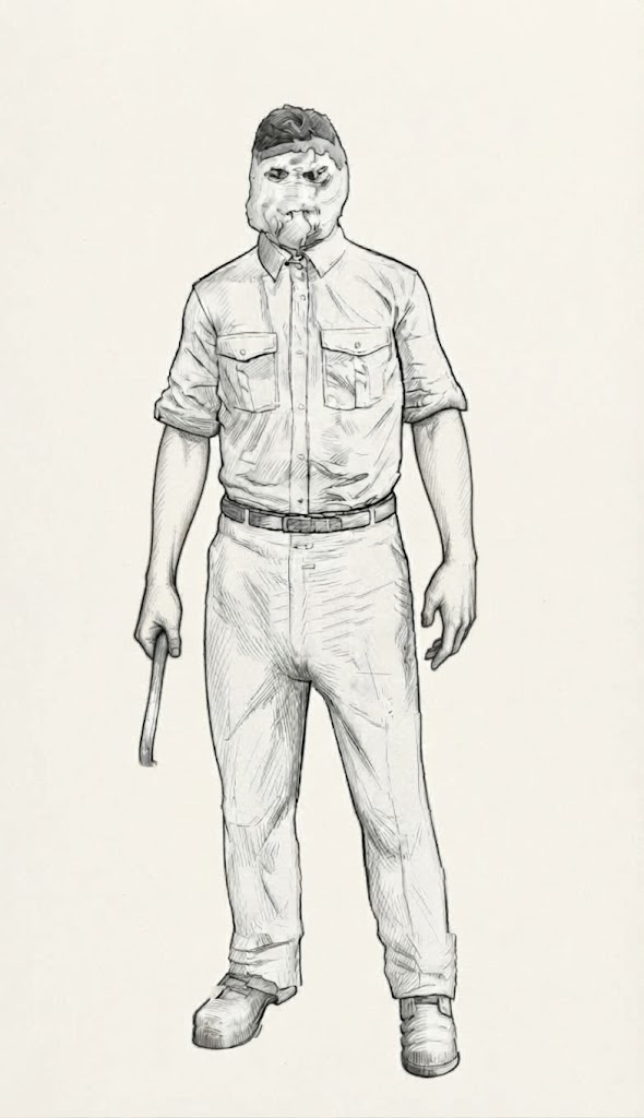Retrato hablado: hombre con máscara de arpillera, camisa de trabajo, pantalón con cinturón y una barreta en la mano.