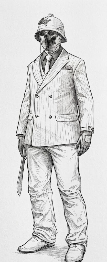 Retrato hablado: hombre con máscara de calavera, casco colonial con corona, anteojos redondos, traje cruzado a rayas, guantes y un machete.