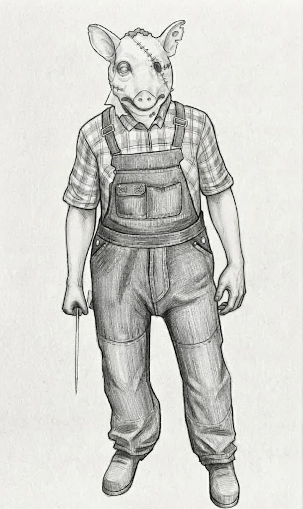 Retrato hablado: hombre con máscara de cerdo cosida, camisa a cuadros, mameluco de jean y un cuchillo largo en la mano.