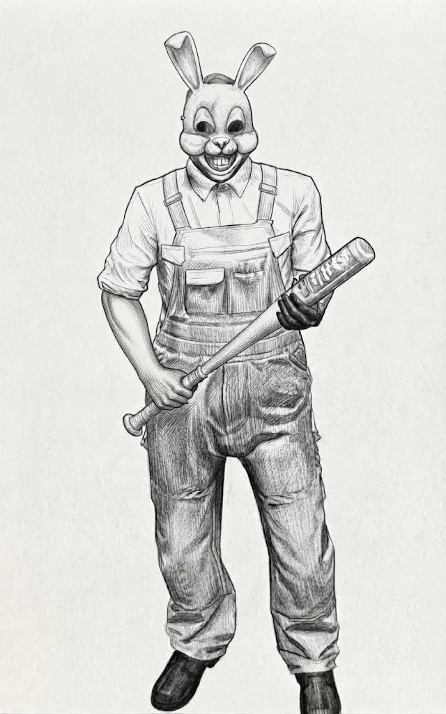 Retrato hablado: hombre con máscara de conejo sonriente, mameluco claro y un bate de béisbol.