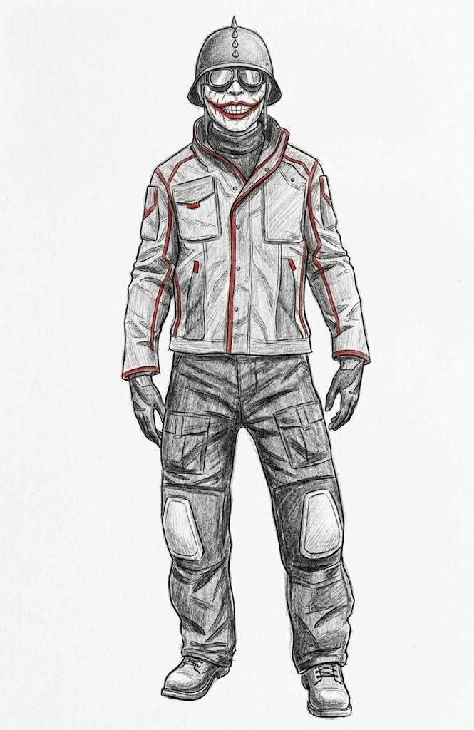 Retrato hablado: figura con casco de punta, antiparras, sonrisa de payaso pintada, campera con vivos rojos y pantalón cargo con rodilleras.