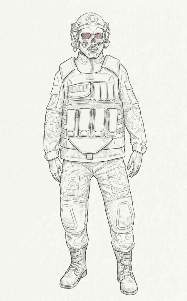 Retrato hablado: figura con equipo táctico, casco con auriculares, chaleco con cargadores, uniforme camuflado y máscara de calavera con ojos rojos encendidos.