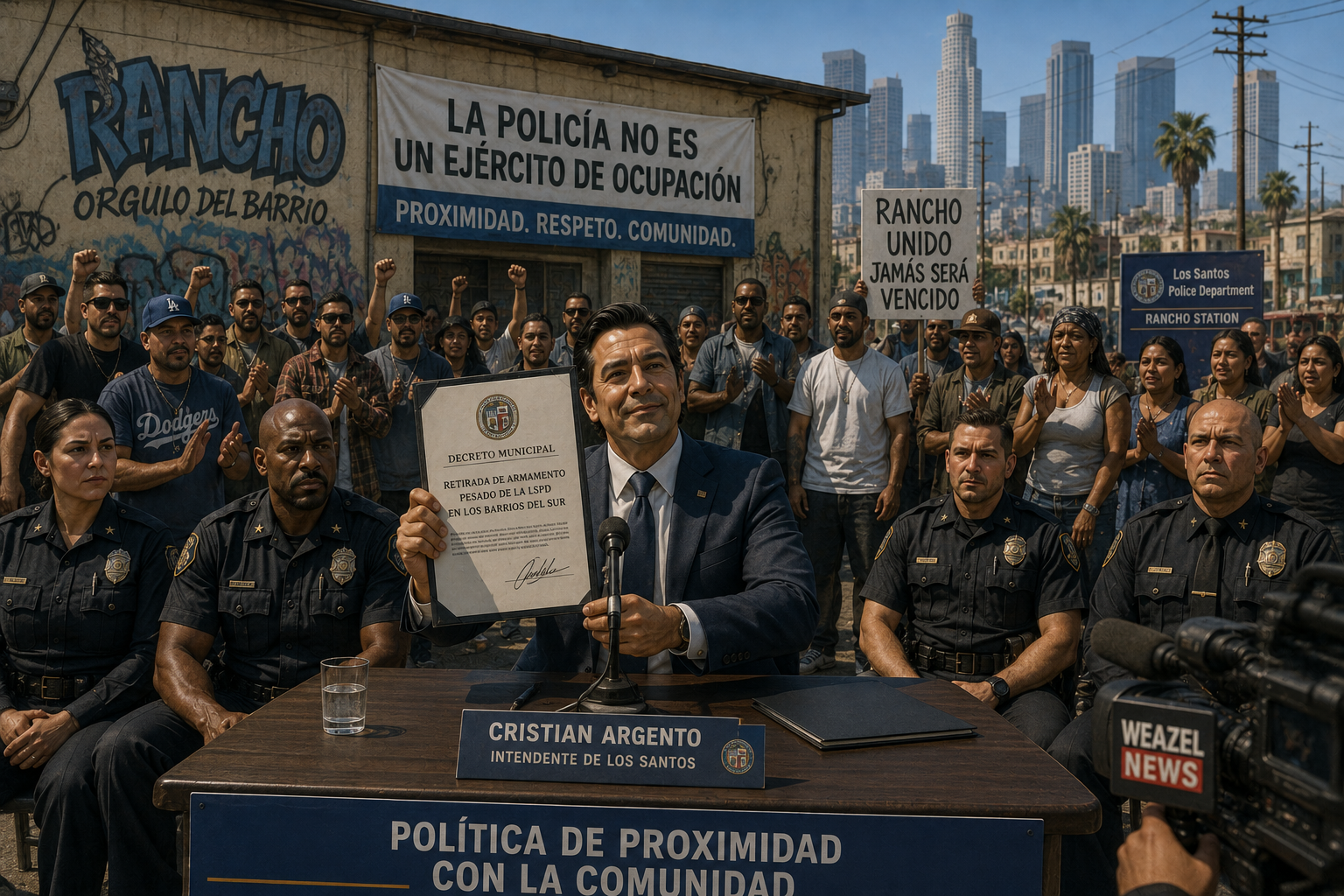 Unidades de la LSPD en Rancho durante el operativo de retiro de armamento pesado.
