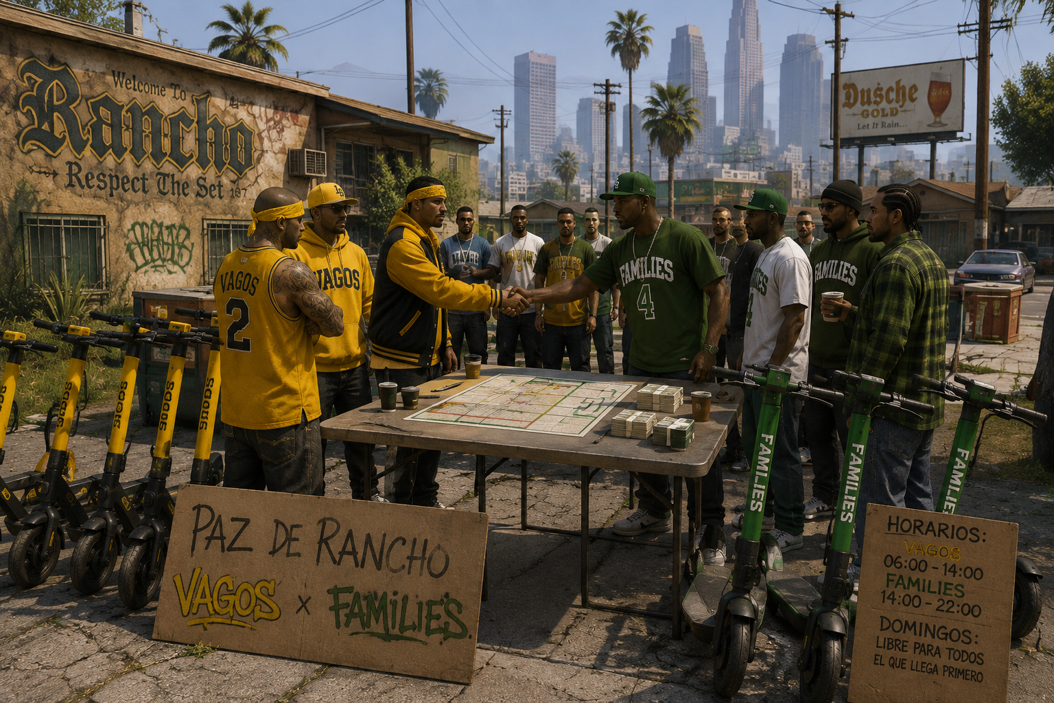 Representantes de Vagos y Families se estrechan la mano en Rancho ante un mapa del territorio y fajos de billetes.